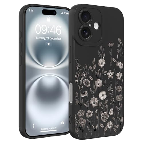 Image of Designed for iPhone 16 Case Flower for Women Girls, Black | Cute Floral Pattern Liquid Silicone Phone Case [Full Camera Protection] Slim Soft TPU Protective Cover