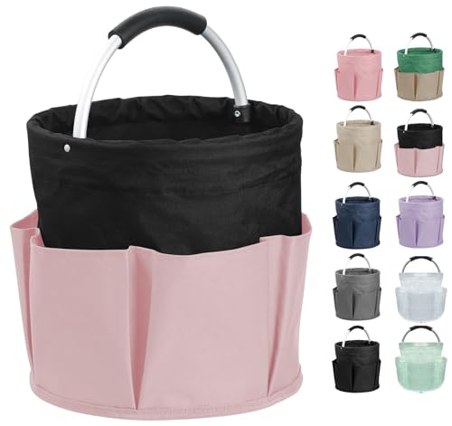 Image of 17L Cleaning Supply Caddy for Family, Portable Shower Caddy with Handle and 6 Pockets, Foldable Tool Bucket Organizer, Large Storage Basket for Camping, Gardening, Black with Pink