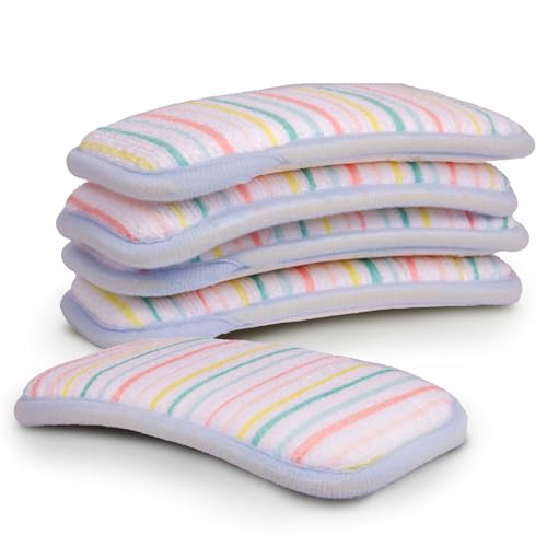 Image of Simplified 5-Pack Scrub & Wipe 2-in-1 Dishwashing Sponges - Non-Abrasive Cleaning Sponges, Double-Sided - Safe for Dishes, Non-Stick Pans or Glassware, Absorbent Dish Sponges, Rainbow Stripe