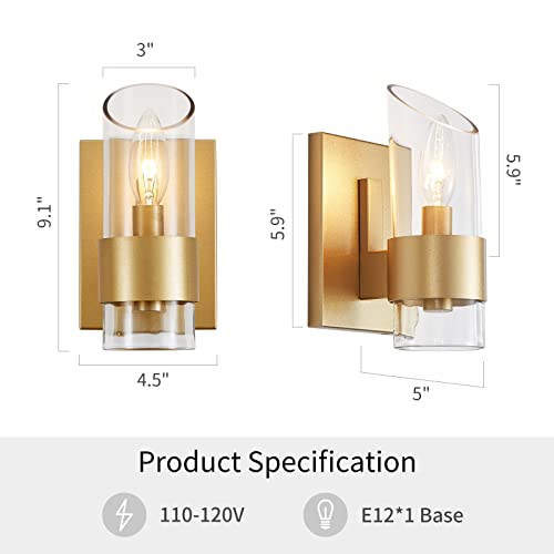 Image of WUZUPS Set of 2 1-Light Bathroom Wall Light Fixture Over Mirror Class Shade Morden Vanity Scones for Bathroom Bedroom Living Room, E12 Base, Gold
