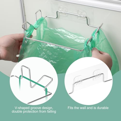 Image of Stainless Steel Trash Bag Holder for Kitchen Cabinets Doors and Cupboards, Under Sink Bag Hanger, Portable Trash can, Waste Bins, Wall Adhesive Hanging Garbage Bins, with Wall Sticker Base