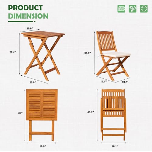 Image of Greesum 3 Piece Patio Folding Furniture Bistro Set with 2 Chairs and Square Table for Pool Beach Backyard Balcony Porch Deck Garden,Acacia Wood
