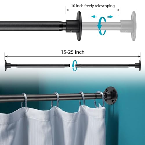 Image of Shower Curtain Rod, Closet Rod15-25 Inch，Adjustable Heavy Duty Closet Rod Wall Mounted Permanent Industrial Shower Curtain Rod Rust Proof Stainless Steel Black