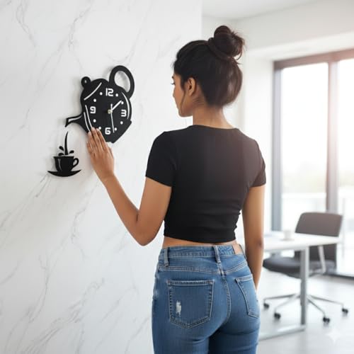 Image of Designer Wooden Wall Clock | Unique Teapot Shape Wall Clock for Home, Kitchen, Living Room & Office | Decorative Modern Acrylic Wall Clock (Black)