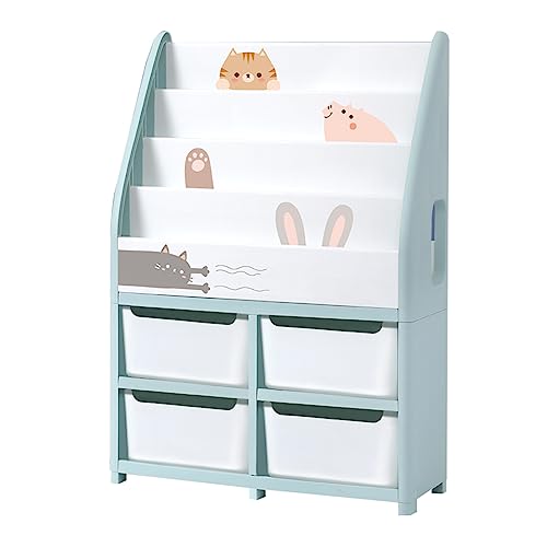 PonyLes 絵本棚 絵本ラック 椅子付き 倒れ防止設置追加 大容量ラック 200冊収納でき 組み立て簡単 角丸く加工 ベビー 本棚 子供用 プレゼント 入園 (猫(スツール*4))