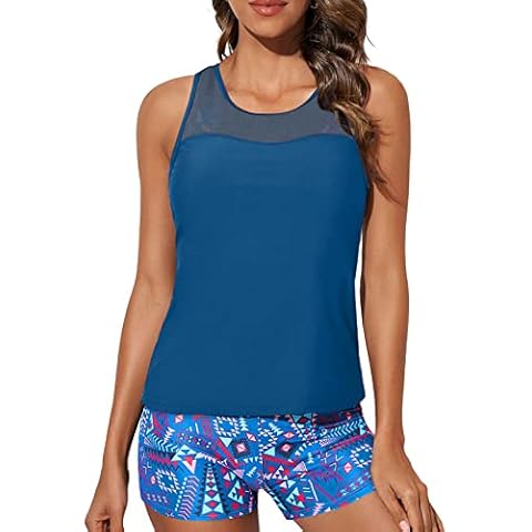 Aleumdr Womens Tankini Swimsuits Athletic 3 Piece Swimsuits Swim Tank Top with Boy Shorts and Bra Modest Swimwear Peacock Blue Medium (UK Size 12-14) Cover