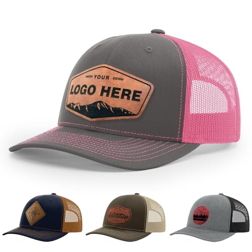100-Pack Personalized Custom 112 Style Trucker Leather Patch Hat for Men & Women, 6 Panel Structured Baseball Cap with Snapback Enclosure, Engraved Gift for Him & Her