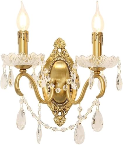 Aplique pared estilo vintage europeo, acabado dorado moderno, latón con gotas cristal, lámpara pared retro for interiores, for dormitorio o sala estar.(Dual Lamp)