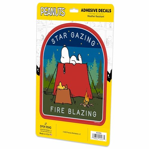 Image of Peanuts Snoopy Star Gazing Fire Blazing Adhesive Vinyl Decal - Fun Snoopy Camping Sticker for Car or Truck