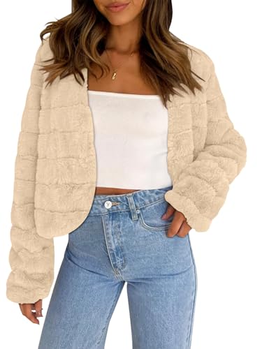 COCCKO Women's 2025 Faux Fur Coats Fleece Cropped Jacket Long Sleeve Shaggy Warm Outerwear Fall Winter Clothes