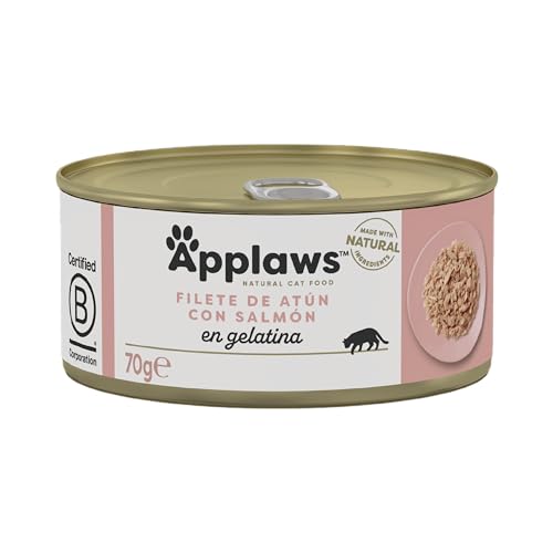 Applaws Comida Natural para Gatos de Filete de Atún con Salmón en Gelatina - Pack Contiene 24 latas de 70g