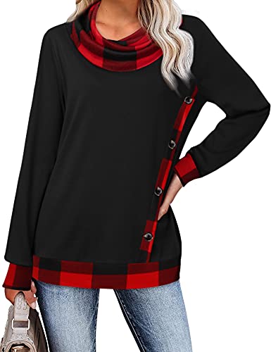 Tunic Shirts for Leggings,Youtalia Ladies Tops Fall Blouses for Women Cowl Neck Hoodie Sweaters Trendy Color Block Tunic Top Lightweight Long Sleeve Tunic Blouses for Women Black Red X-Large