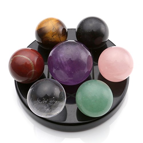 CrystalTears Seven Star Group Amethyst Chakra Sphere Crystal Balls with Black Obsidian Base Reiki Healing