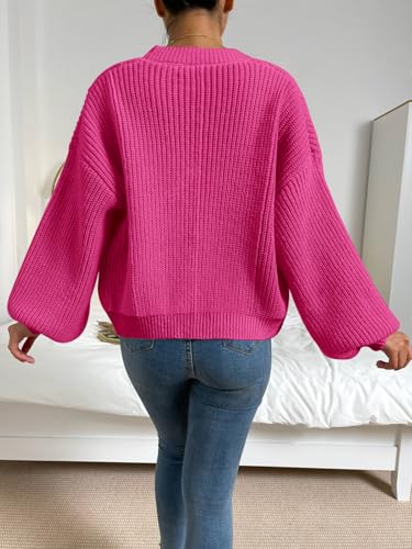 Image of Women's Crop Cardigan Swewater Long Lantern Sleeve Bishop Open Front Ribbed Knit Sweater