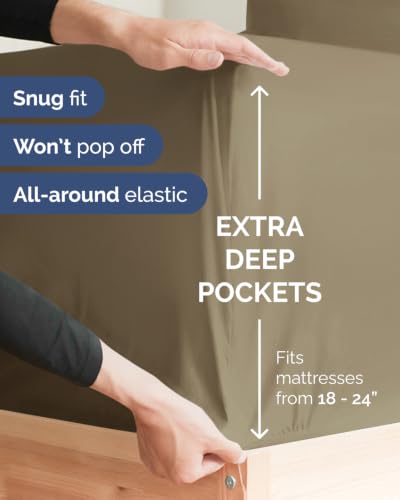 Image of Extra Deep Flex Top Split Head King Fitted Sheet - Hotel Luxury Single Fitted Sheet Only - Easily Fits 18 inch to 24 inch Mattress - Ultra Soft, Wrinkle Free w /Extra Deep Pockets - Khaki