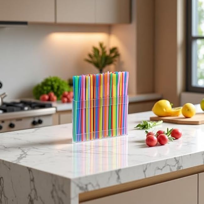 Straw Holder for Cabinet,Transparent Acrylic Straw Dispenser with Double Sided Adhesive Tape, Reusable Tumbler Straws Storage Dispenser for Kitchen Counter Cupboard Door (Transparent)