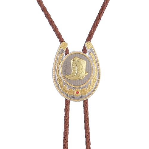 Image of Jeilwiy Bolo Tie for Men, Western Cowboy Golden Longhorn Bull Eagle Horse Cowboy Hat Bolo Necklace Leather Necktie for Women