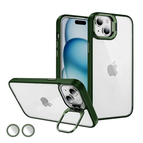 Image of Vaku Luxos Thermoplastic Polyurethane Lens Flip Back Cover For iPhone 15 Plus Stand Holder Back Case With Lens Guard Scratch Resistant Slim Thin Military-Grade Protection-Green