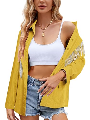 Image of MYMORE Womens Sparkly Fringe Shirt Western Cowgirl Country Concert Outfit