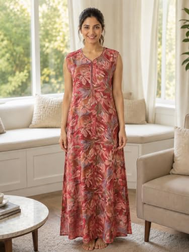 Image of 9shines Label Alpine Sleeveless Nighty | All Over Print Maxi for Women | Night wear for Women | Full Length Night Gown for Women | Night Dress for Women Stylish (Alpine Sleeveless 24)