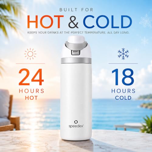 Image of Speedex Coral 500 Stainless Steel Vacuum Insulated Water Bottle 950ml | Thermosteel Flask | Hot 18Hr Cold 24Hr | Flip Straw Lid Sipper | Kids Boys Girls Men Women Office School Gym Travel | White