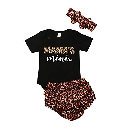 WangsCanis Ropa para bebé recién Nacido Body con Estampado de Letras Mameluco Volantes Pantalones Cortos de Leopardo Conjunto de Diadema Conjunto 0-18M