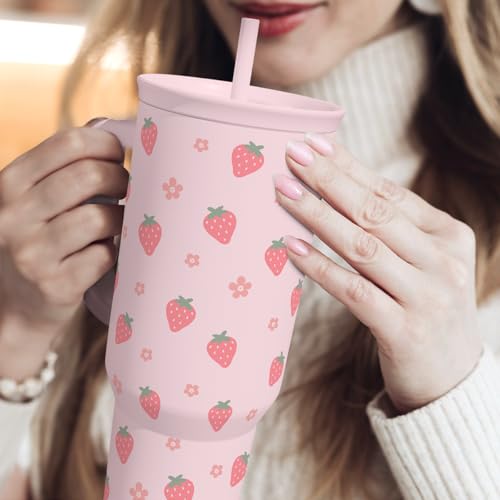 Image of SANDJEST Strawberry Tumbler with Handle 40oz - Insulated Stainless Steel Travel Coffee Mug Cup for Girls Women, Gift for Christmas, Birthday