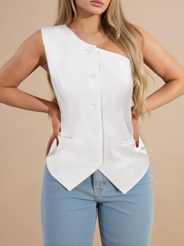 Cicy Bell Womens One Shoulder Blazer Vest Summer Fitted Button Down Waistcoat Trendy Work Sleeveless Suit Tops3