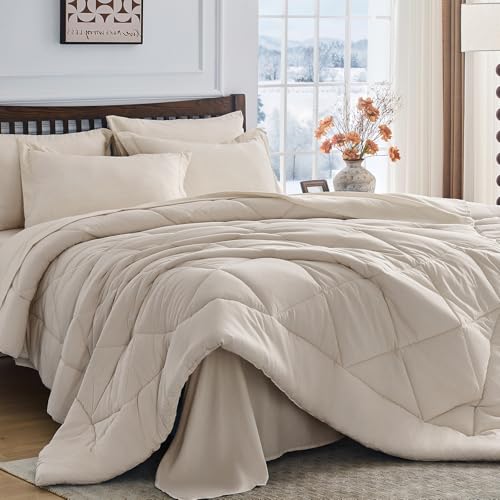 HEVUMYI Beige Tan Queen Comforter Set - 7-Piece All Season Bed in a Bag Queen, Ultra Soft Bedding Set with Comforter, Flat Sheet, Fitted Sheet, Pillowcases, Pillow Shams, Beige Tan