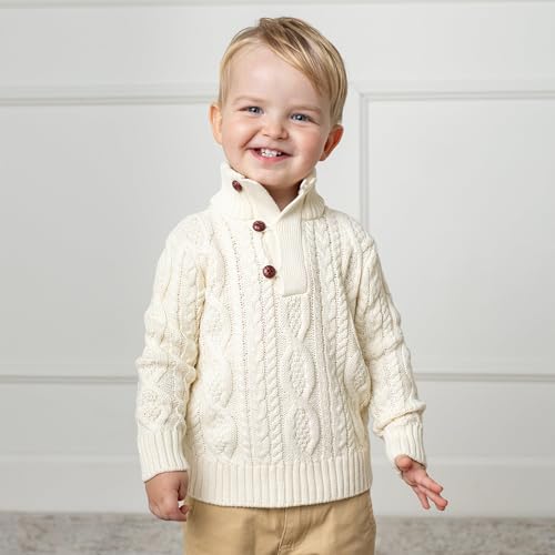 Image of Hope & Henry Boys' Mock Neck Cable Sweater with Button Placket