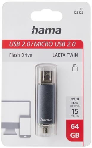 Hama 64GB USB-Speicherstick mit USB 2.0 & microUSB (2-in-1 USB-Stick, z.B. für Android Handy, Tablet, Computer, Notebook, PC, Laptop, MacBook, OTG, 15MB/s) Handy-Stick, Doppel Memory-Stick grau