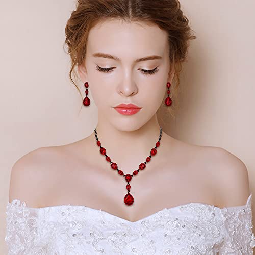 Elequeen Women's Wedding Bridal Jewelry Sets For Brides Bridesmaids, Cubic Zirconia Teardrop Necklace Tennis Bracelet Dangle Earrings Jewellery Set Ruby Black-Tone #TOP2