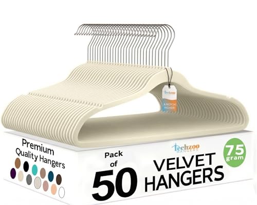 Techzoo 50 Pack New Premium Quality Velvet Hangers Ultra Thin Non Slip Adult Felt Space Saving Hangers for Closet Heavy Duty Coat Pants Jackets Dress Hangers 360° Swivel Hook Hold Upto 10 lbs Ivory