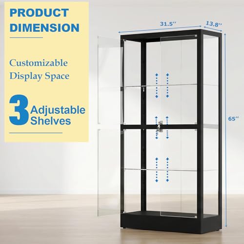Qxdt 65" H Glass Display Case with Lights,4-Tier Tempered Glass Curio Display Cabinet with 3 Adjustable Shelves,Metal & Glass Case for Display with Lock,Lighted Display Cases for Collectibles,Black - Image 3