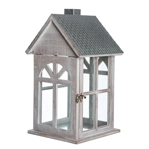 GILDE Lanterna Branco in vetro, legno e metallo, a forma di casa, altezza 39 cm, colore argento e bianco