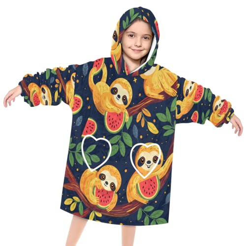 Wearable Blanket Hoodie for Kids, Cartoon Sloth Fleece Sweatshirt Blanket Oversized Blanket Sweatshirt with Pocket Flannel Warm Hooded Blanket 6-10 Year Old Girl Boy Gift, One Size