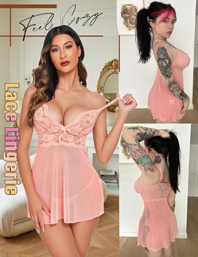 Image of Avidlove Women Lingerie Lace Babydoll Strap Chemise Halter Teddy V Neck Sleepwear