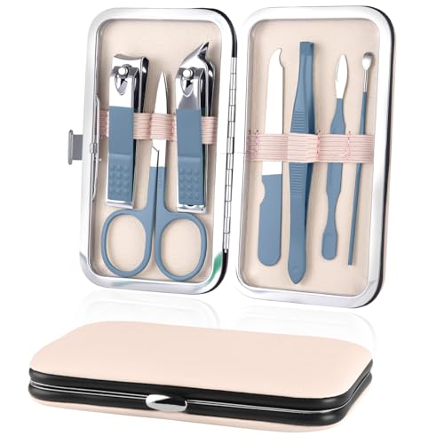 URAQT Manicura Pedicura Set, 7 Piezas Cortaúñas, Tijeras de Uñas con Herramientas Remover Cutícula, Acero Inoxidable, Profesional Cortaúñas para Viajes y hogar, con Caja de Cuero, Azul