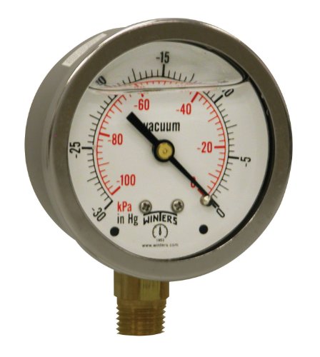 Image of Winters Instruments - PFQ801 -801 PFQ Series Stainless Steel 304 Dual Scale Liquid Filled Pressure Gauge with Brass Internals, 30 inchHg Vacuum /kpa, 2-1 /2 inch Dial Display, + /-1.5% Accuracy, 1 /4 inch NPT Bottom Mount
