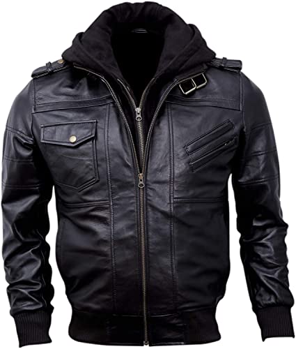 Mens Genuine Black Hooded Bomber Leather Jacket | Real Lambskin Waxed Brown Leather Jackets for Men with Removable Hood2