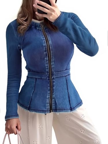 Casual Denim Peplum Jacket for Women Long Sleeve Zip Front Athletic Workout Ruffle Blazer Coats2