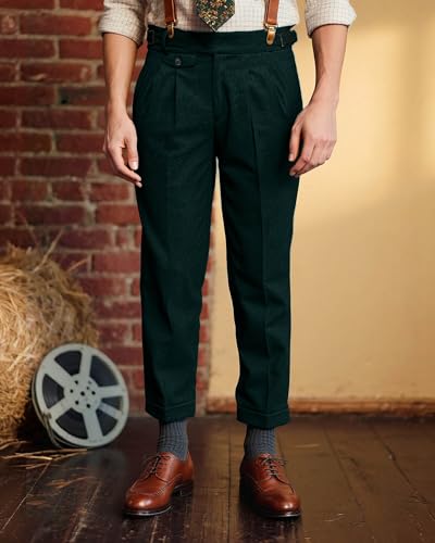 Wemaliyzd Retro Dress Pants Men Woolen Herringbone Slacks Pleated Front Adjustable Waist Buckles4