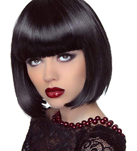 Black Bob Wig Short Hair Wigs for Women 12 Inches Straight Cosplay Wig with Bangs Natural Looking Wig for Daily Party AD001BK