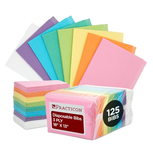 Practicon 125 Pack Rainbow Disposable Dental Bibs, 3 Ply Waterproof