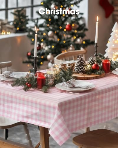 Image of Pureegg Plastic Table Cloth Disposable 54x108 Inch, Light Pink and Plaid