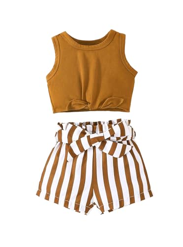 Image of Hilinker Girls 2 Piece Outfits Summer Tie Knot Tank Top and Striped Shorts Set Cute Clothes Brown Stripe 11-12Y