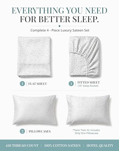 Image of LANE LINEN Twin XL Sheets Set - 450 Thread Count Premium Sateen Weave for Smooth & Gentle Feel On Skin - Extra Soft & Breathable 100% Cotton Sheets Set - Fits Mattresses Upto 15'' Deep - Misty Dot