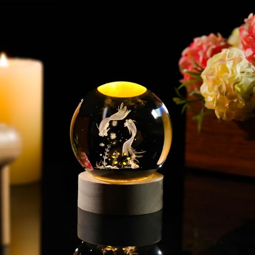Image of Arikyrist 3D Goldfish Crystal Ball Night Light, Crystal Goldfish Figurines with Wooden Base Gifts for Women and Kids, 3D Laser Engraved Glass Sphere Paperweight Decor for Home Office.