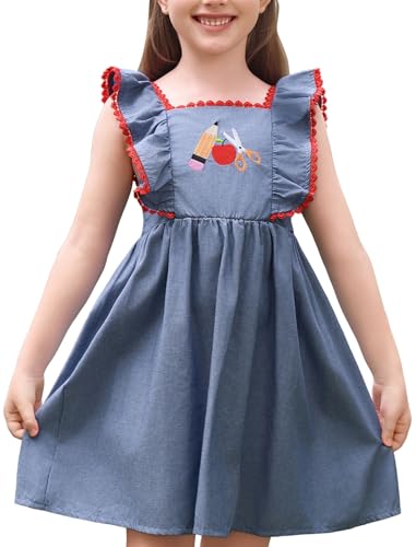 ODOLDI Kids Girls Back to School Dress Denim Style Flutter Sleeve Square Neck Embroidered Ruffle Dress