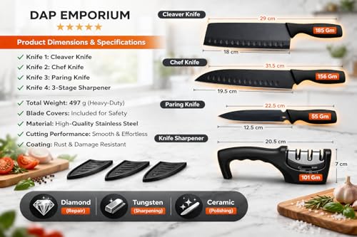 Image of 3 Kitchen Knife Set with Sharpener and Covers (3+1) Stainless Steel Black Coated Blade ABS Handle Anti-Rust Knives & Sharpener Combo for Home & Restaurant Use | Best Kitchen Knife Set